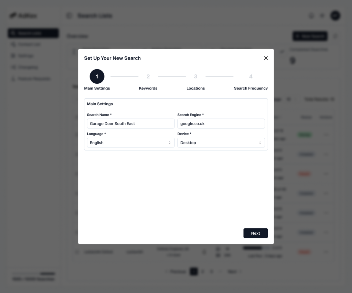 AdKex Search feature - Google Ads intelligence dashboard showing search capabilities